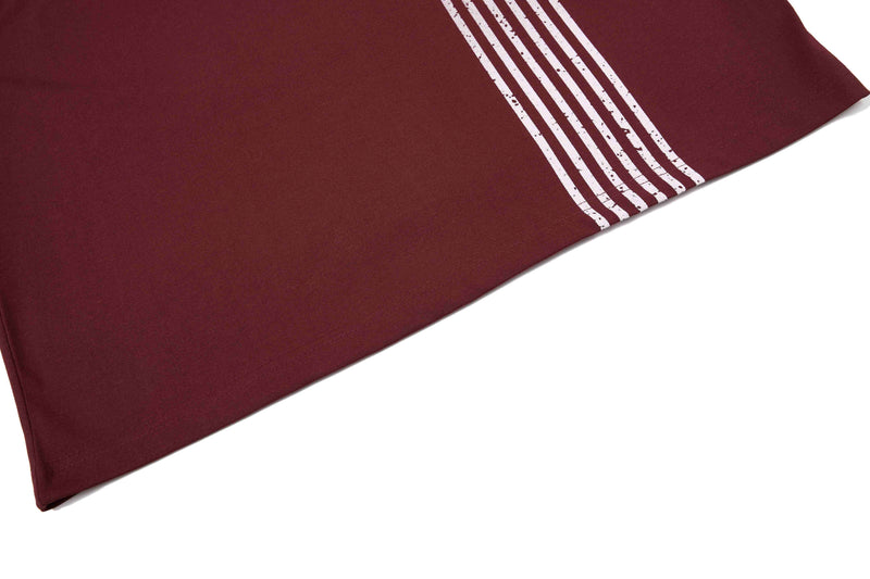 Burgundy sport tee with white vertical stripe graphic on the hem