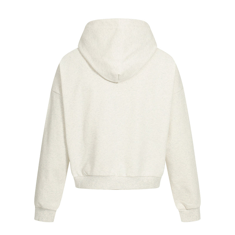 Cream hoodie back view with plain hood and ribbed hem