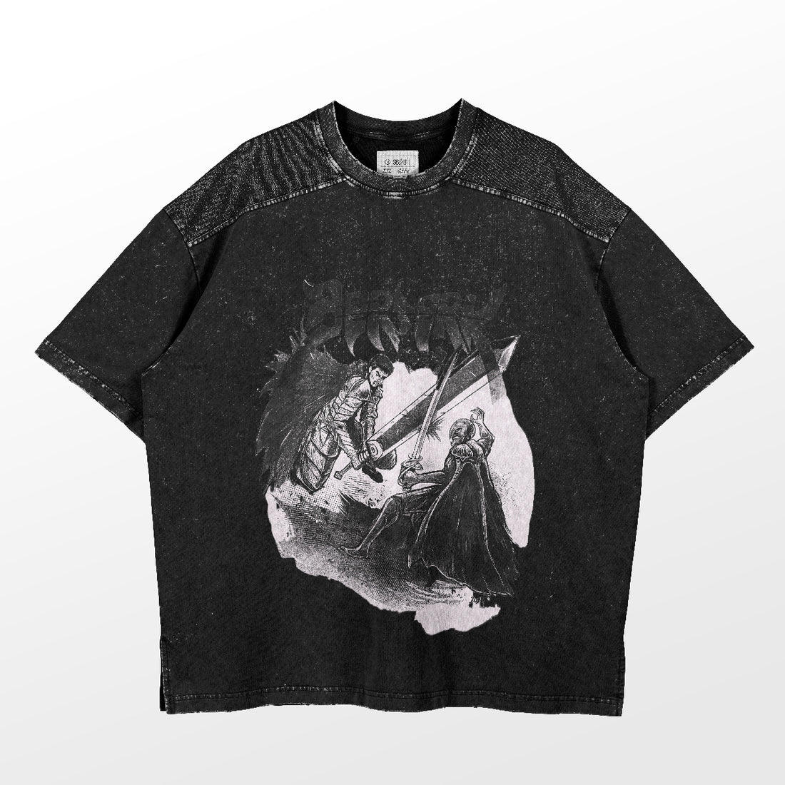 The Berserk-inspired graphic T-shirt is a washed black oversized tee, blending vintage streetwear with intricate linework of a kneeling knight presenting a sword to a seated figure, reminiscent of Berserk&