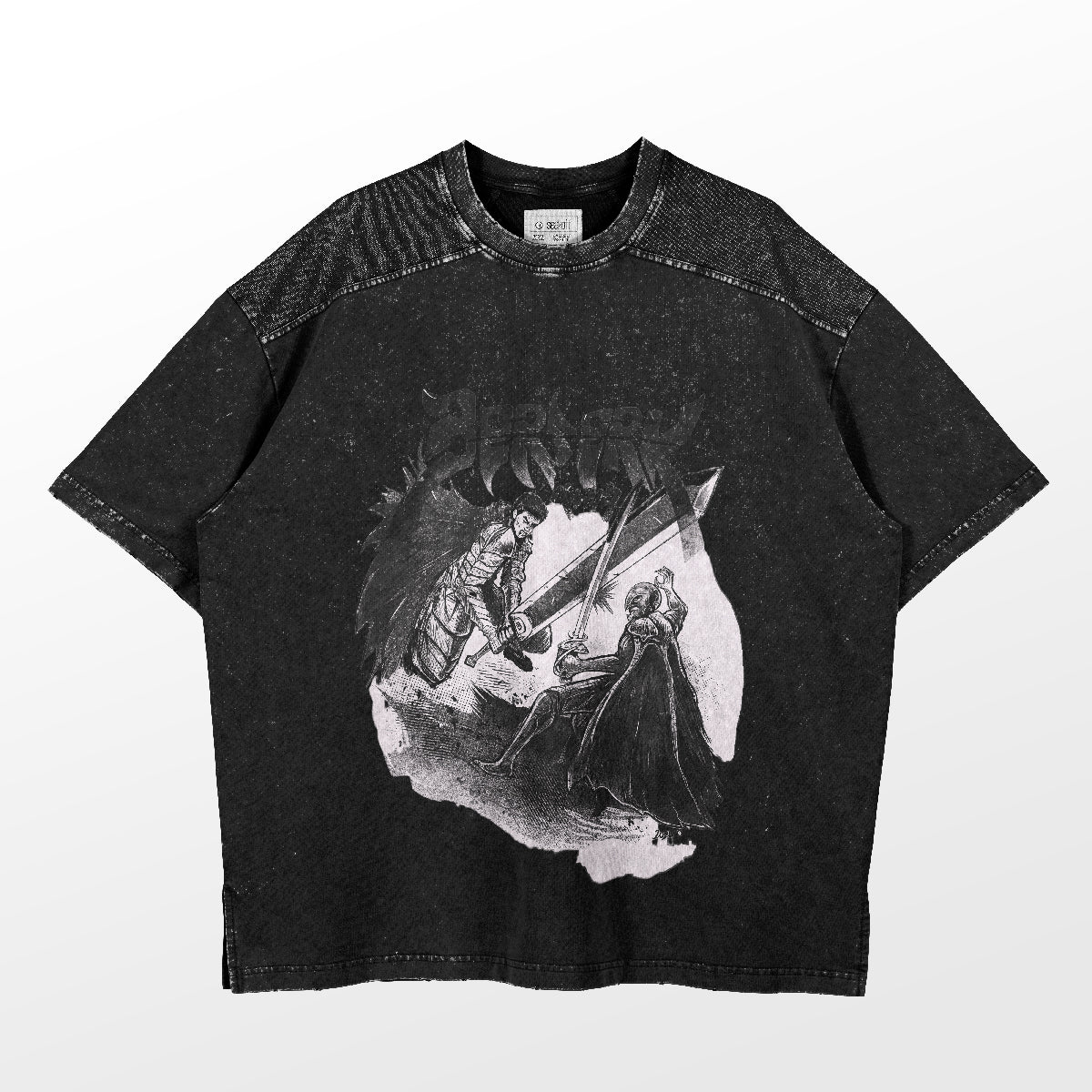 The Berserk-inspired graphic T-shirt is a washed black oversized tee, blending vintage streetwear with intricate linework of a kneeling knight presenting a sword to a seated figure, reminiscent of Berserk's iconic artistry.