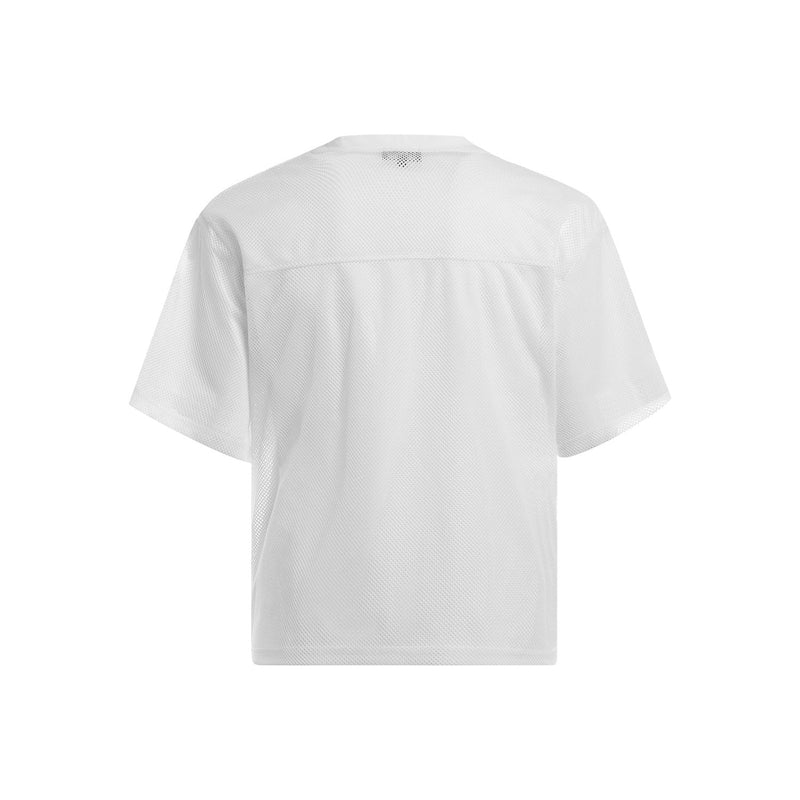 White mesh football jersey with short sleeves and relaxed fit, shown from the back on a plain background