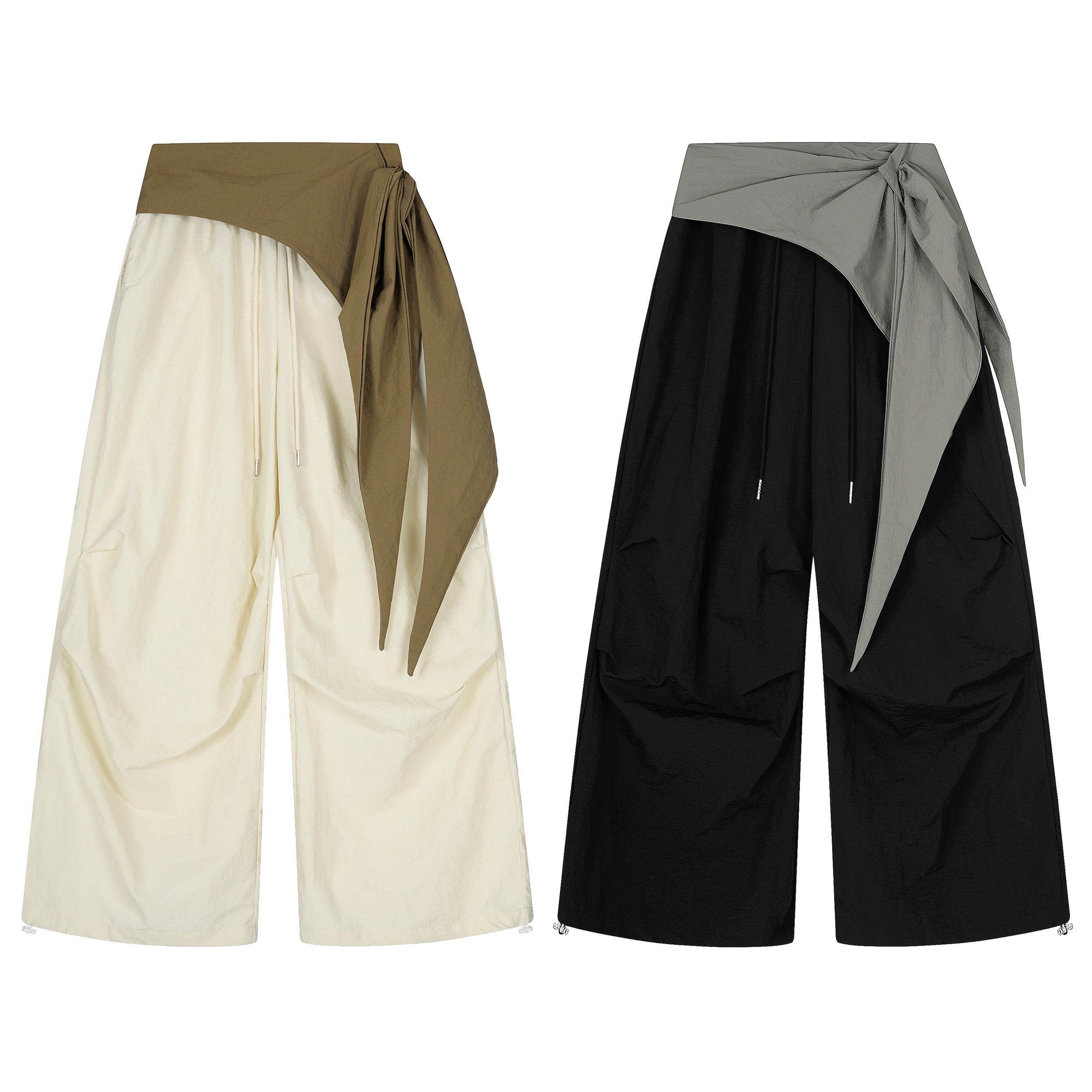 Cream wide-leg pants with olive asymmetrical draped sash tied at the hip, shown alongside black and grey version