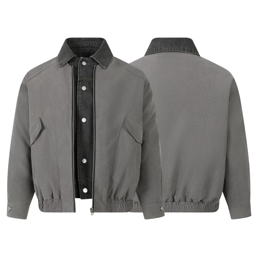 Front and back view of a washed gray cotton bomber jacket with dark contrast corduroy collar and layered denim placket detail