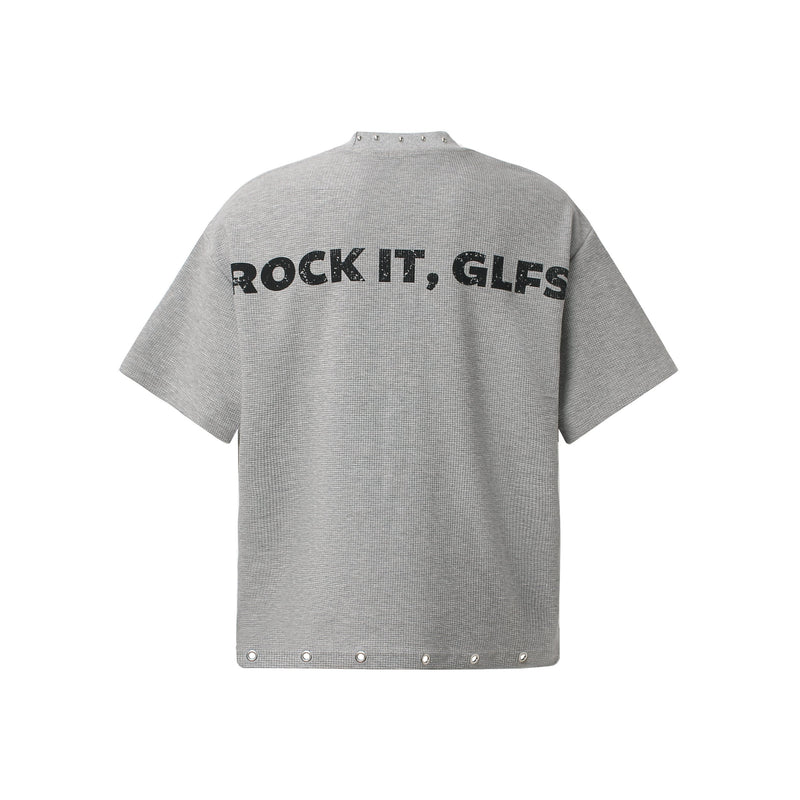Gray waffle-knit graphic tee with black Rock It, GLFS print and studded neckline and hem details