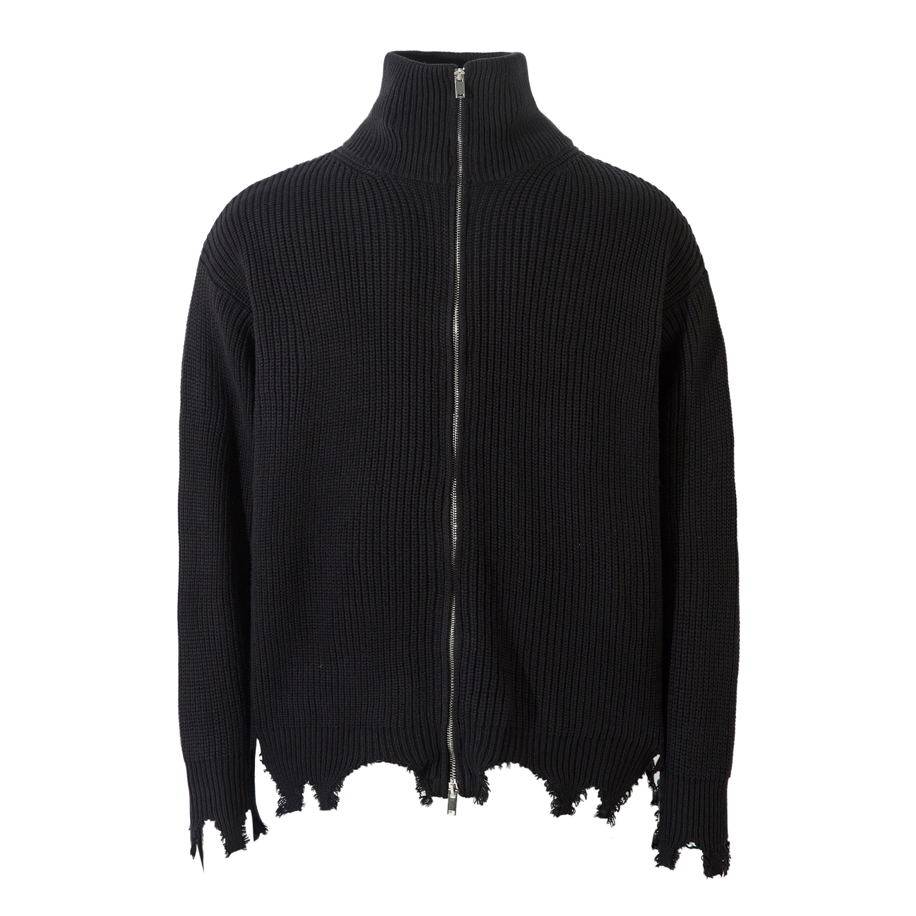 Black oversized ribbed zip-up knit cardigan with distressed raw-cut hem and high turtleneck collar, front view