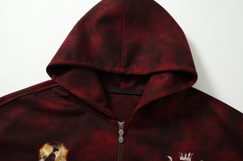 Close-up of hood and top zipper on burgundy burnout wash hoodie