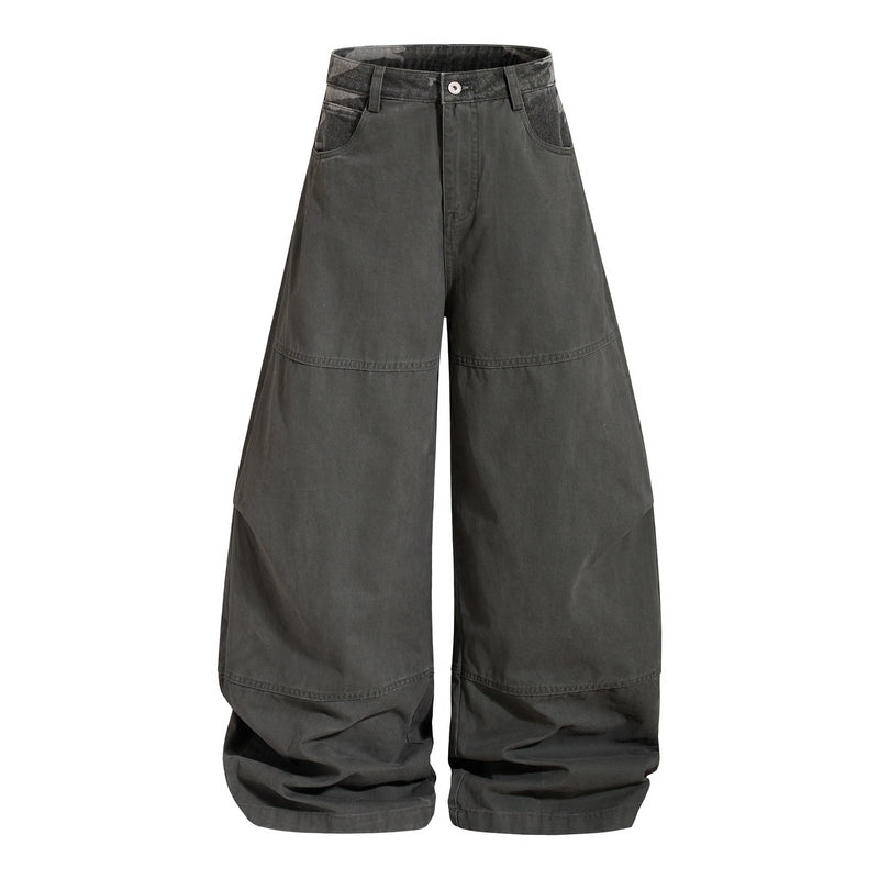 Black wide-leg pants with camo waistband and front pockets, front view