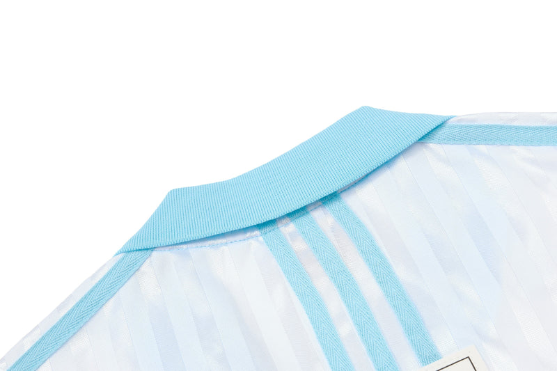 Light blue and white striped football jersey collar with ribbed trim and retro sporty detailing