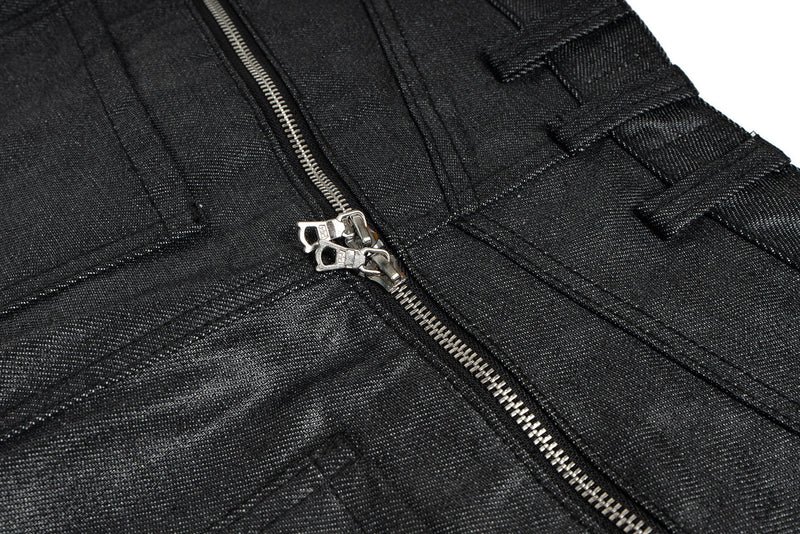 Close-up of black coated denim crotch and front zipper opening