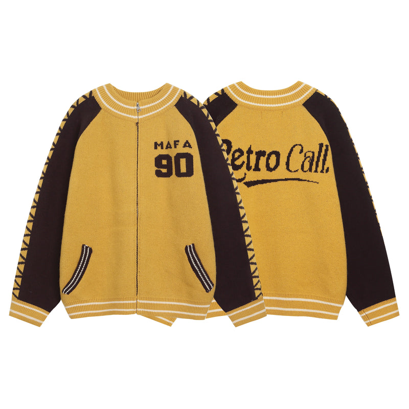 Front and back views of mustard yellow and black knit varsity zip jacket