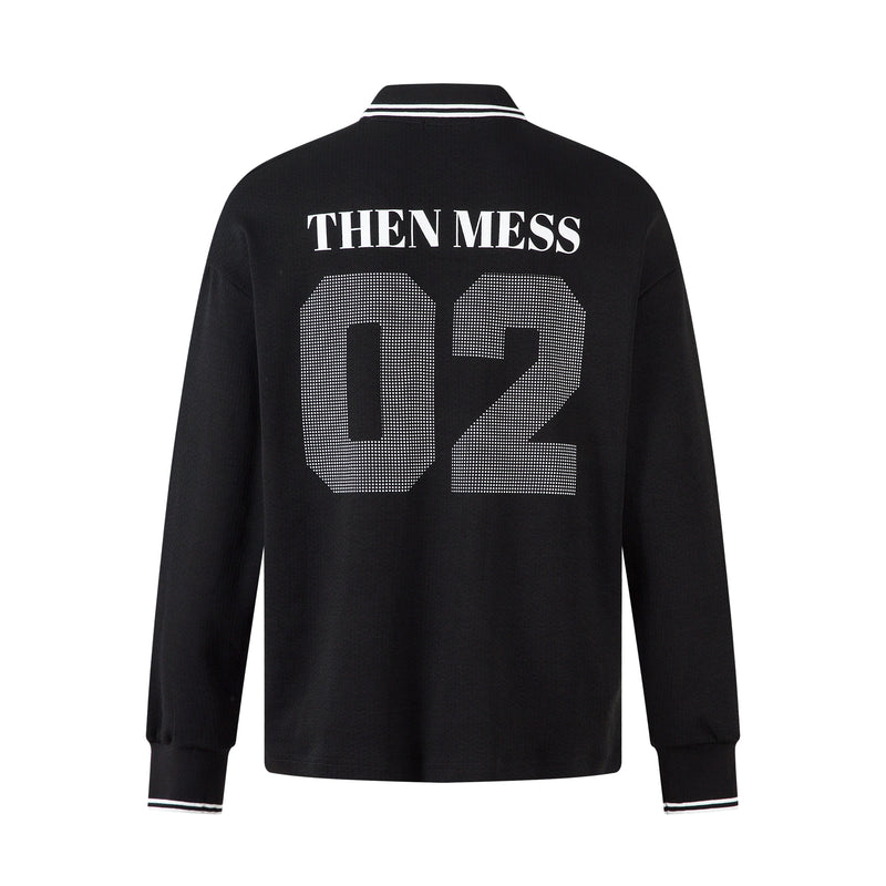 Back view of black long sleeve polo shirt with large 02 print and THEN MESS text