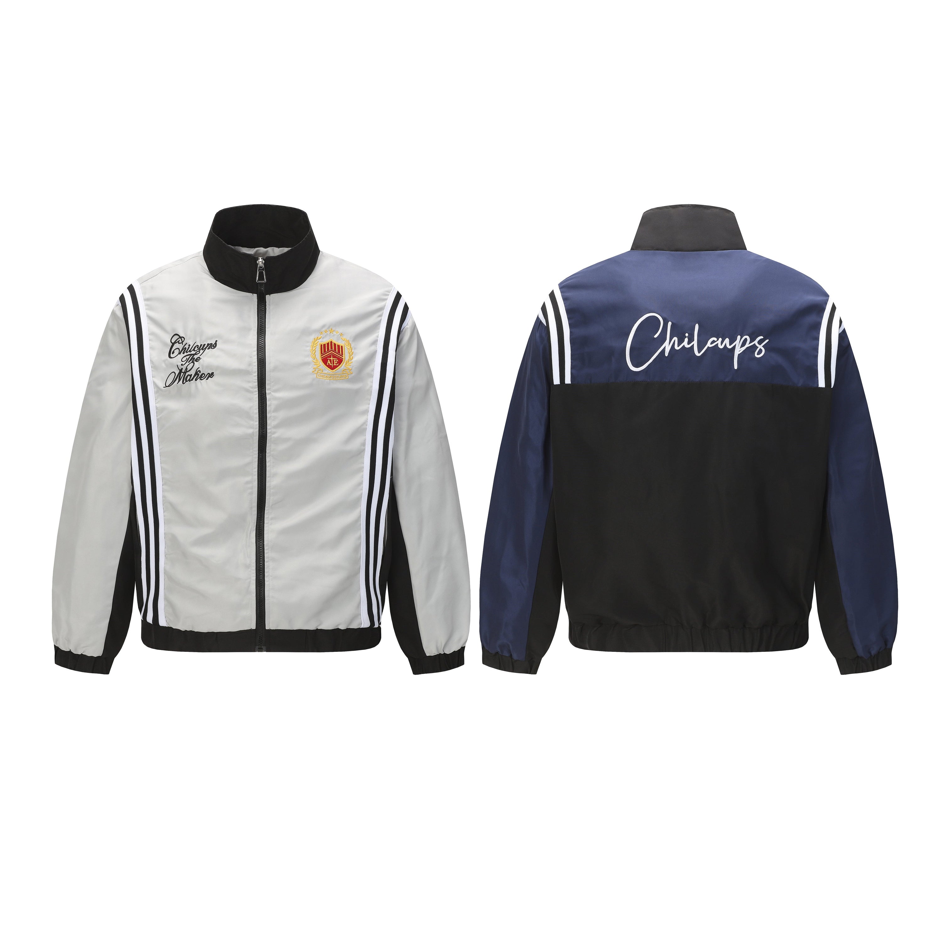 Chilcups The Maker collegiate track zip jacket front view in silver-white and black with embroidered crest and triple racing