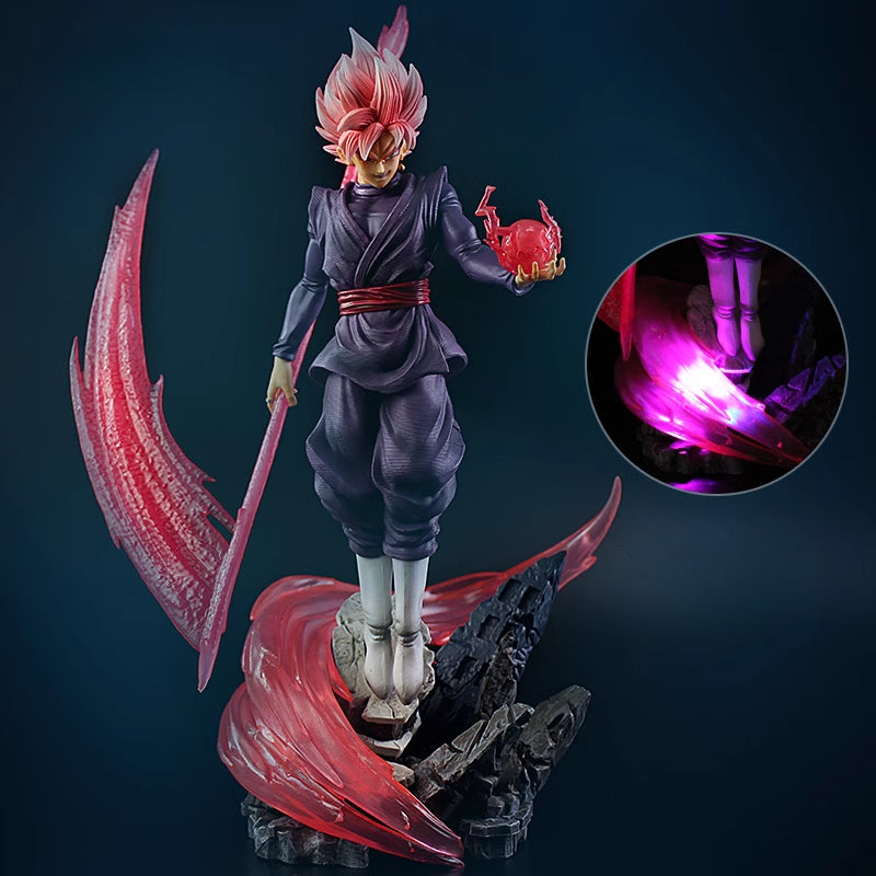 The Seakoff Goku Black Collectible Figure from Dragon Ball Super is a 38cm statue featuring pink-haired Goku Black, a fierce pose with a red object, and a large glowing pink energy sword. Dressed in dark attire and set on a rocky base, it&