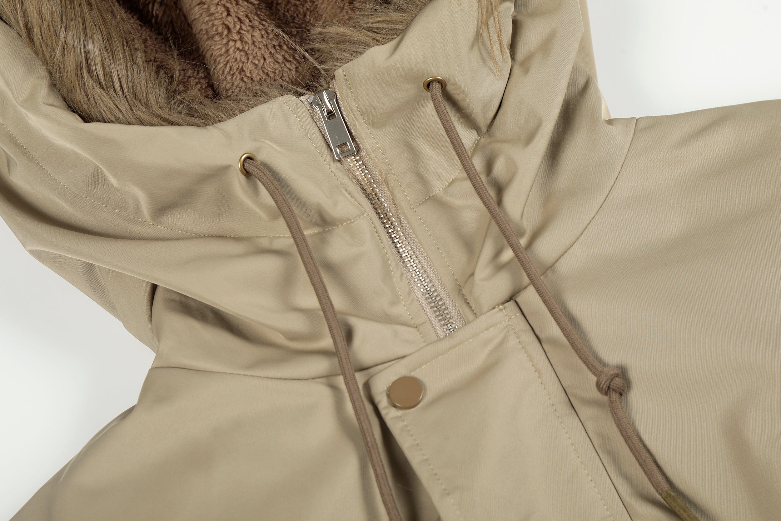 Faux Fur Hooded Nylon Bomber Jacket | Ruched Sleeve