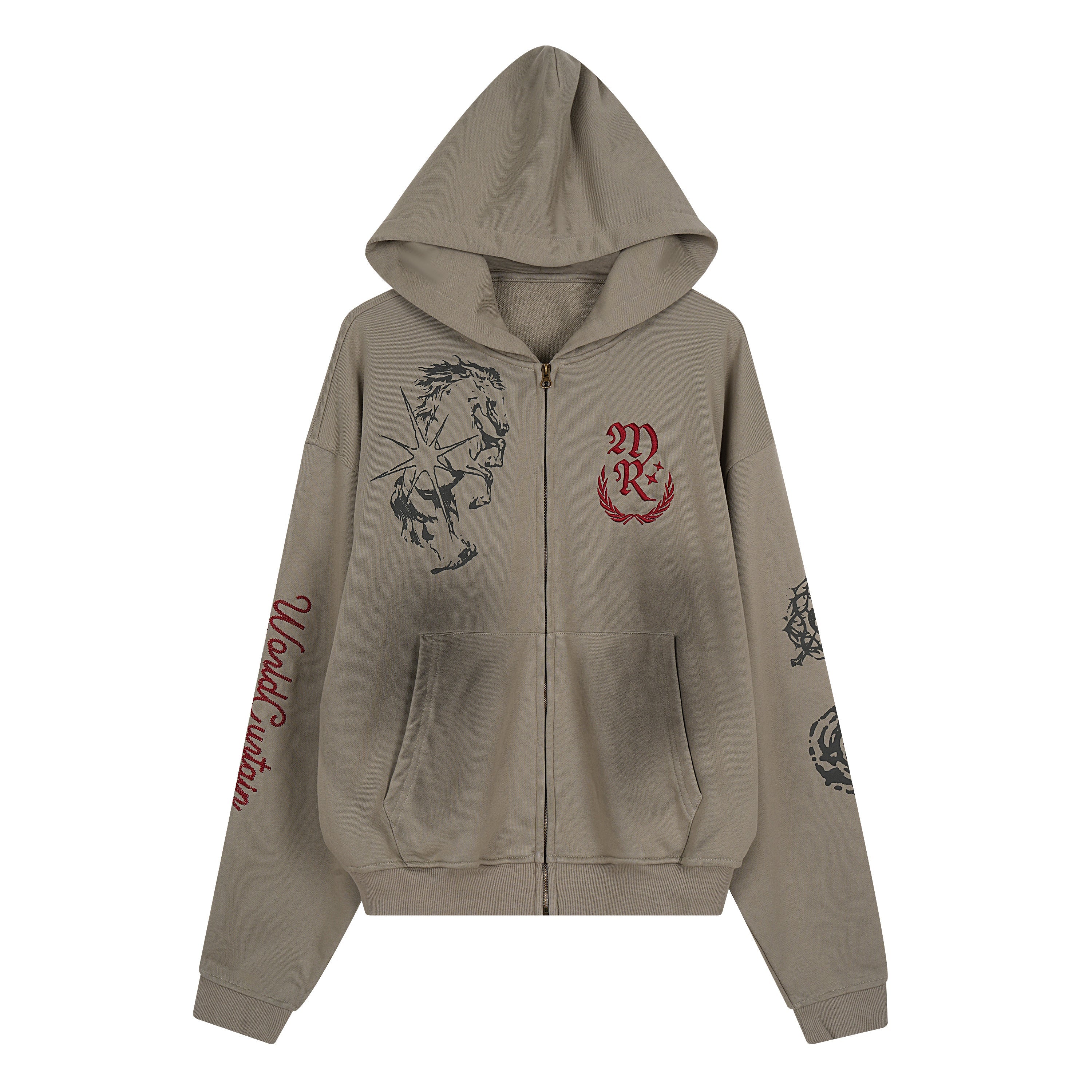Khaki zip-up hoodie with rearing horse graphic, red monogram crest, and heraldic sleeve prints on white background