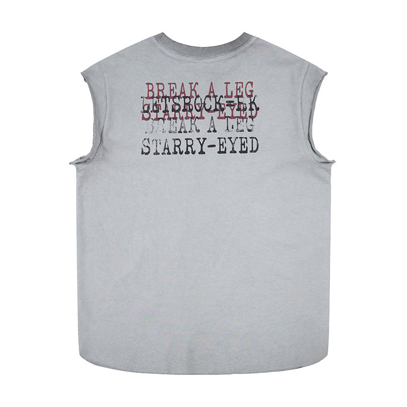Gray sleeveless distressed graphic T-shirt with faded gothic text print on the chest