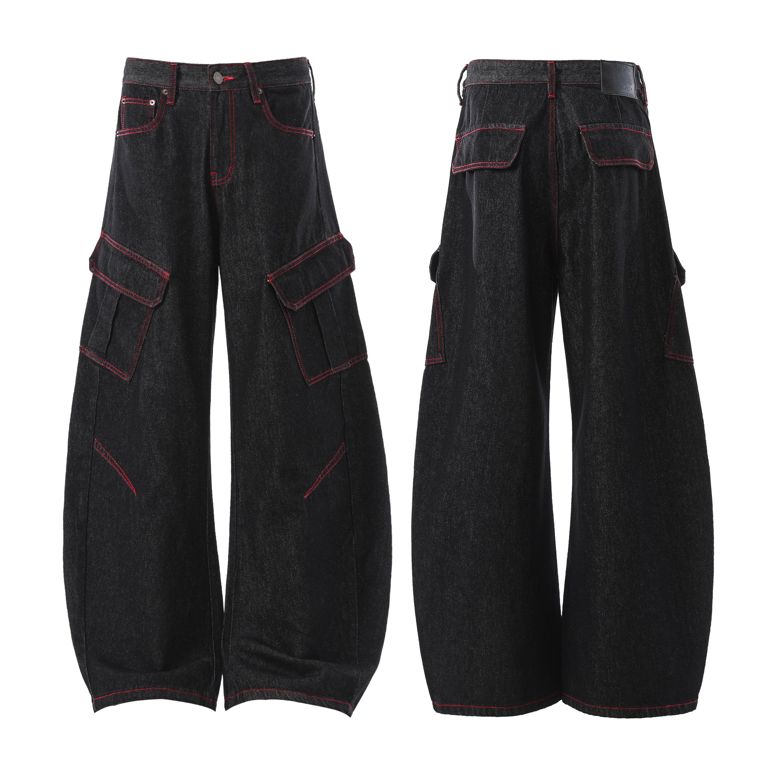 Front and back view of black wide-leg cargo denim pants with red contrast stitching and oversized flap pockets