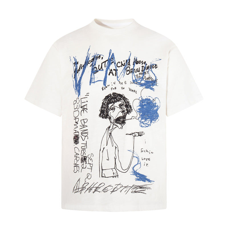 White graphic T-shirt with abstract blue and black sketch art, handwritten text, and a figure illustration on the front
