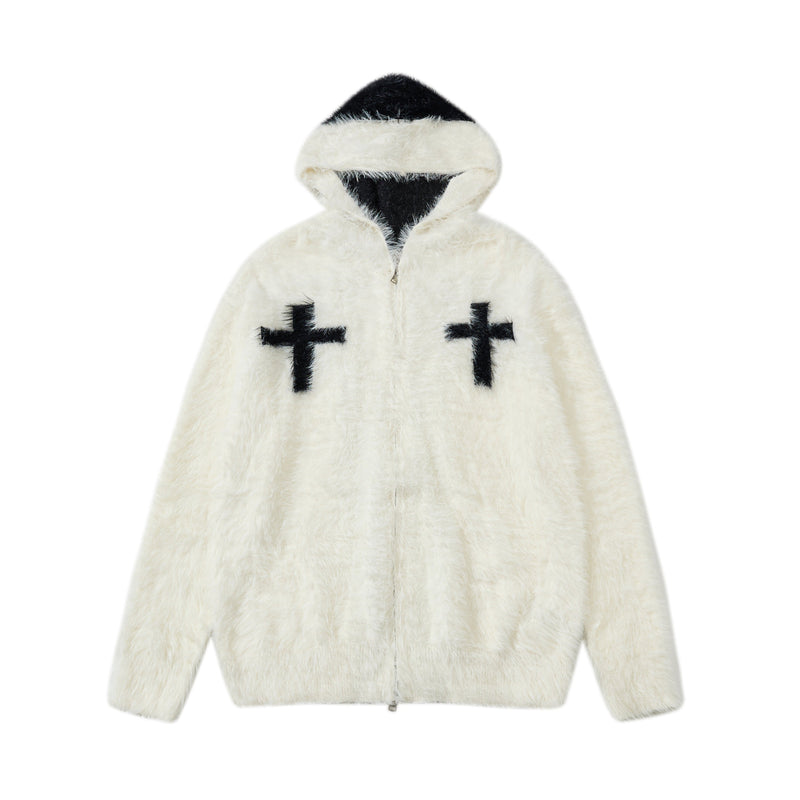 White fuzzy zip hoodie with black cross patches, front view