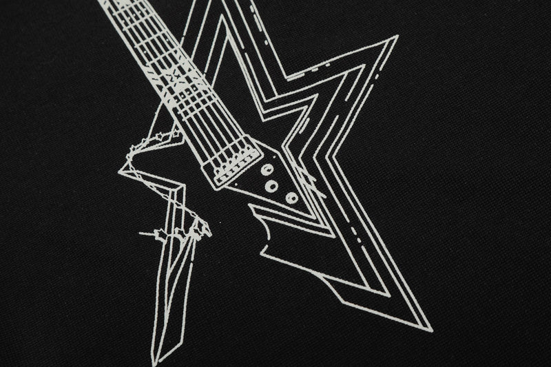 Black polo tee with bold white star and guitar graphic in a distressed streetwear style