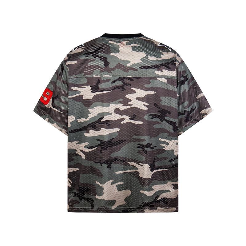 Camo mesh football jersey tee with oversized fit and red sleeve patch, shown from the back on a white background