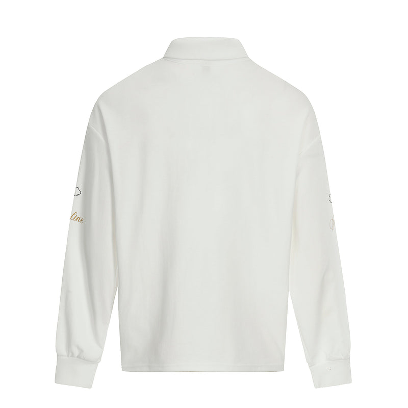 White long-sleeve polo shirt back view with plain panel and ribbed collar