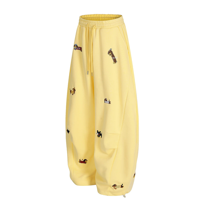 Embroidered Dog Motif Wide-Leg Sweatpants | Omirad