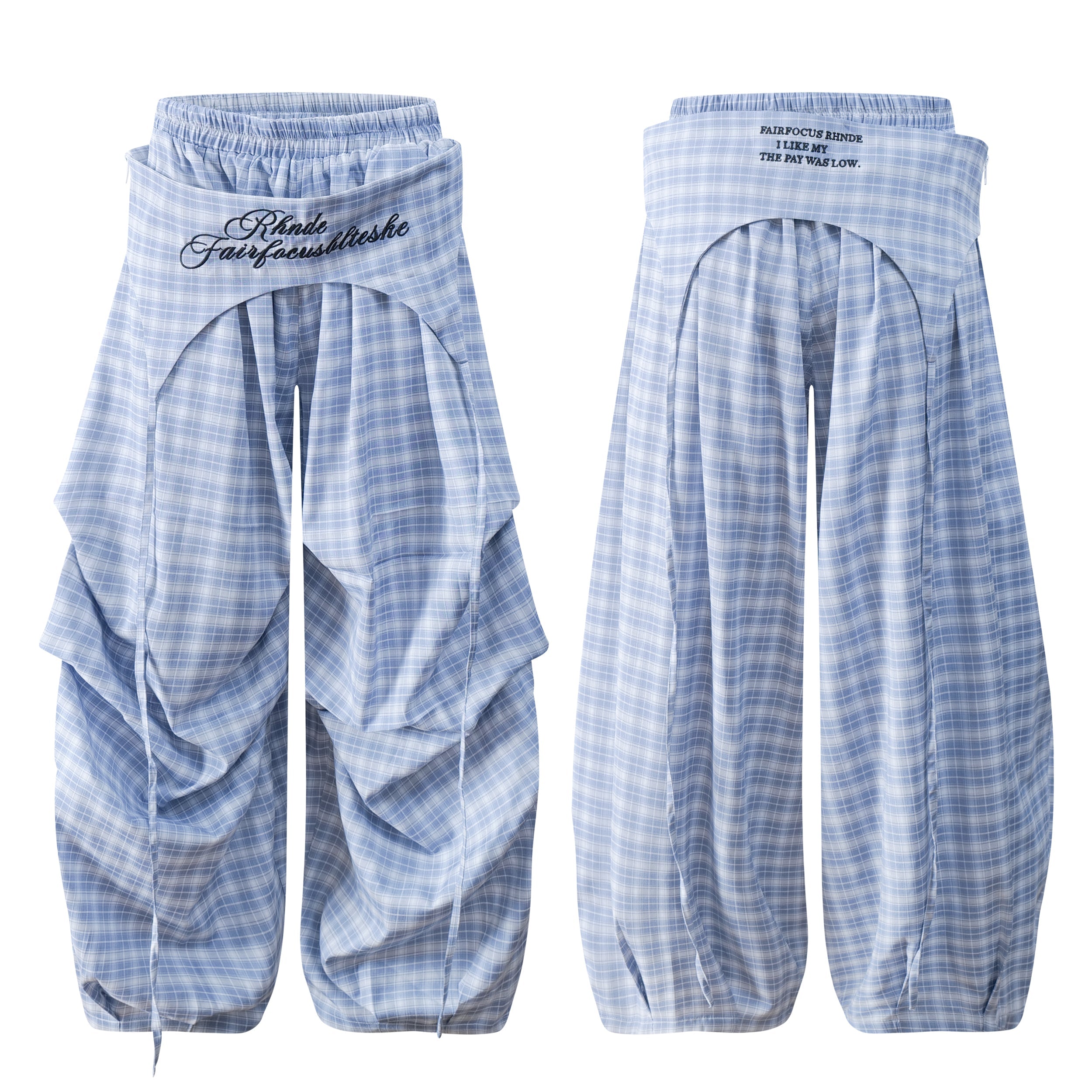 Front and back view of light blue plaid draped wide-leg pants with curved hip cutout and embroidered Fairfocus waistband