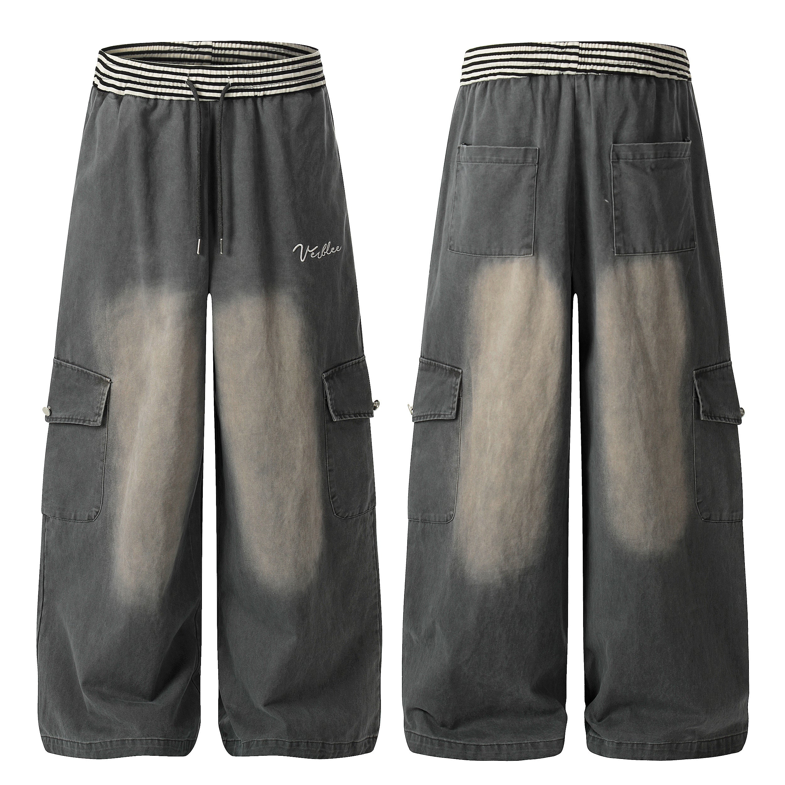 Front and back view of charcoal grey washed cargo wide-leg pants with striped elastic waistband and cargo flap pockets