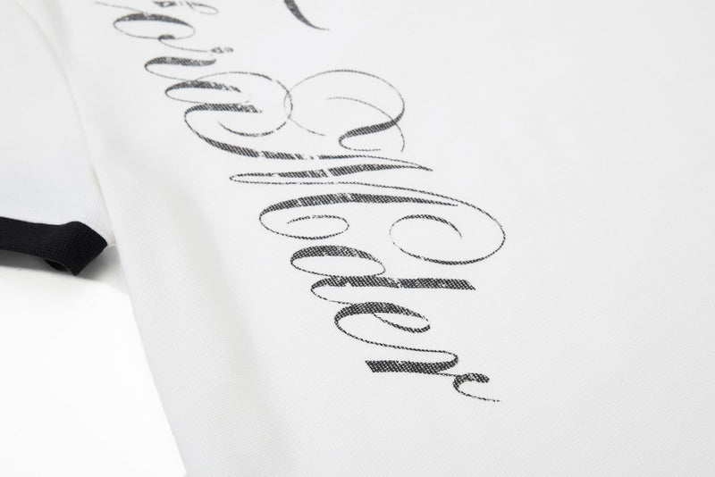 White gothic polo shirt with black contrast collar and sleeve trim, featuring a bold vertical swirl graphic print