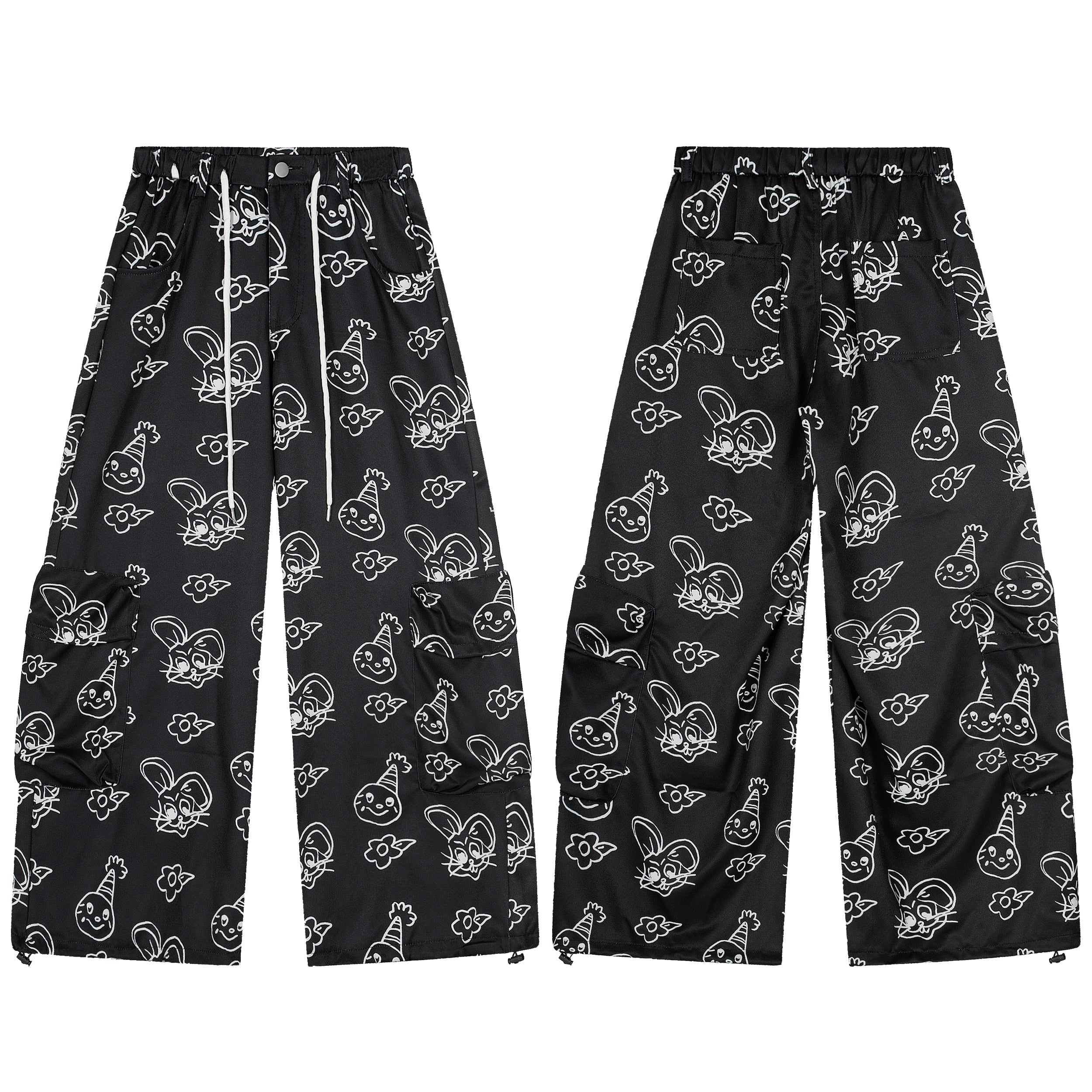 Black wide-leg cargo pants with all-over white cartoon face and bunny graphic print, front and back view