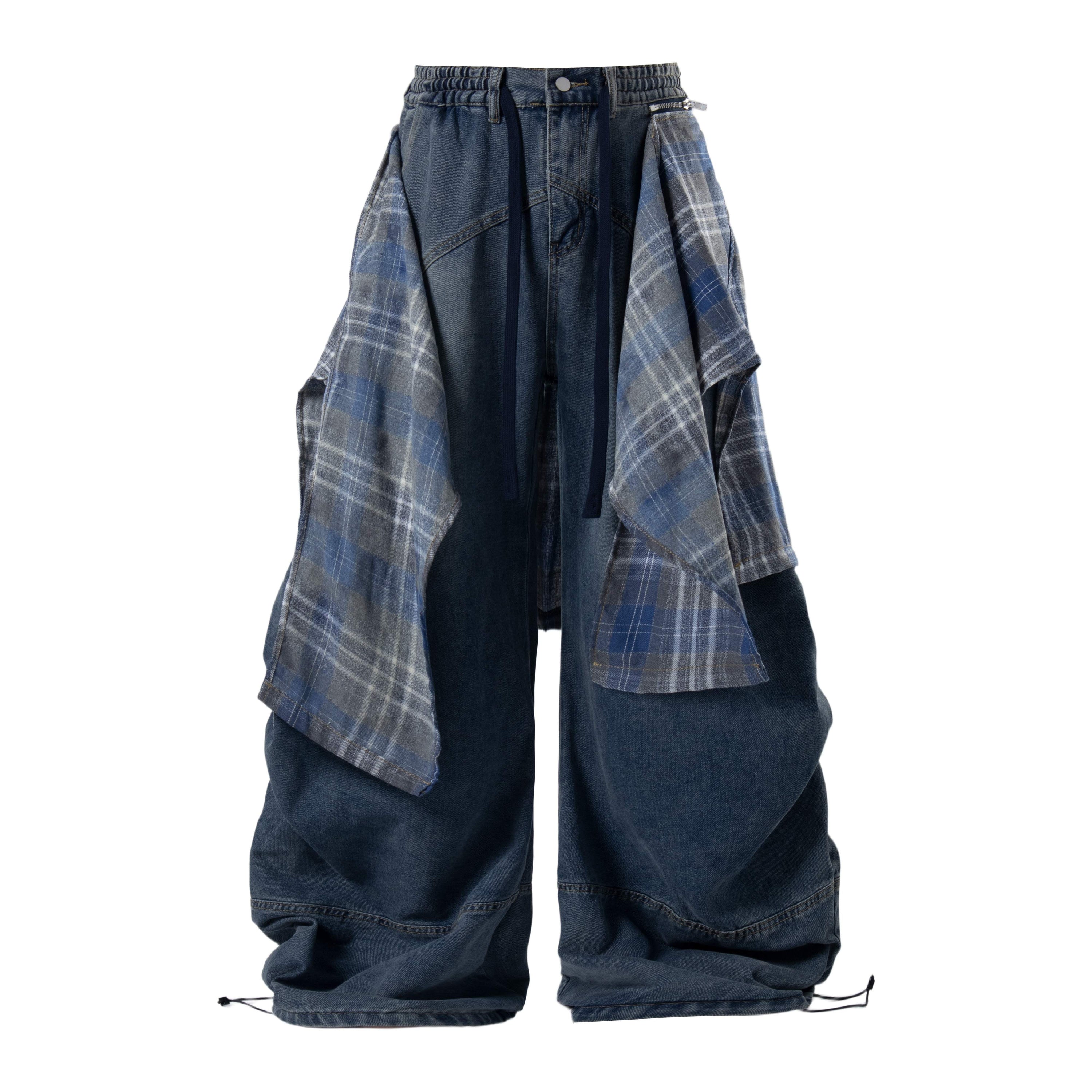 Omirad Layered Plaid Baggy Jeans | Y2K Wide-Leg Denim
