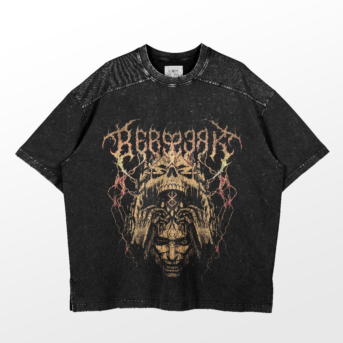 This Berserk T-shirt, featuring Griffith's Transformation Gothic design, is a washed black oversized piece with an abstract face surrounded by ornate patterns and symbols. The stitched neckline adds to its edgy streetwear appeal.