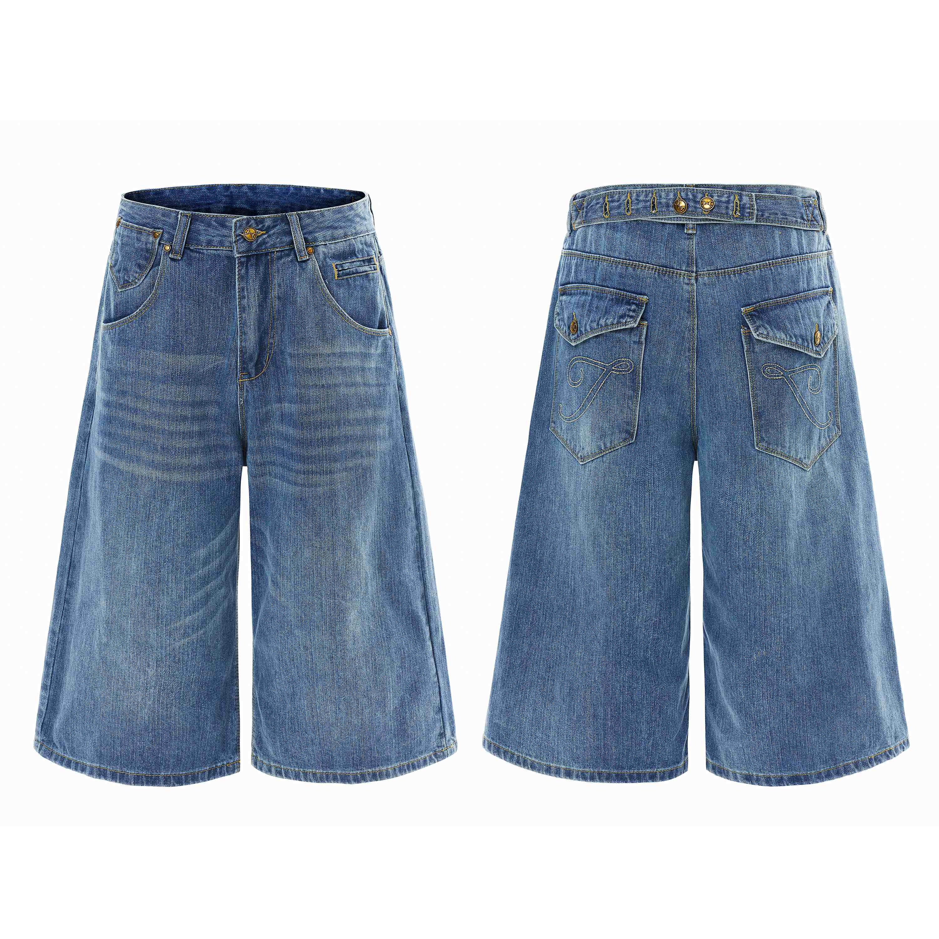 Front and back view of wide-leg vintage wash denim shorts with embroidered back pockets and gold-tone hardware