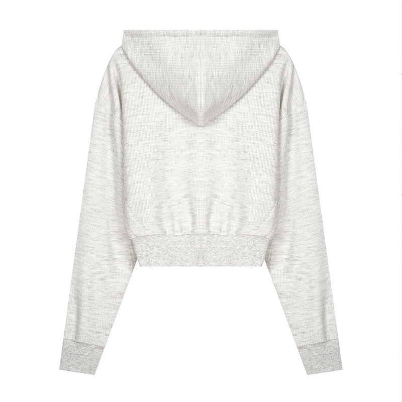 Back view of heather gray cropped hoodie with hood and ribbed hem