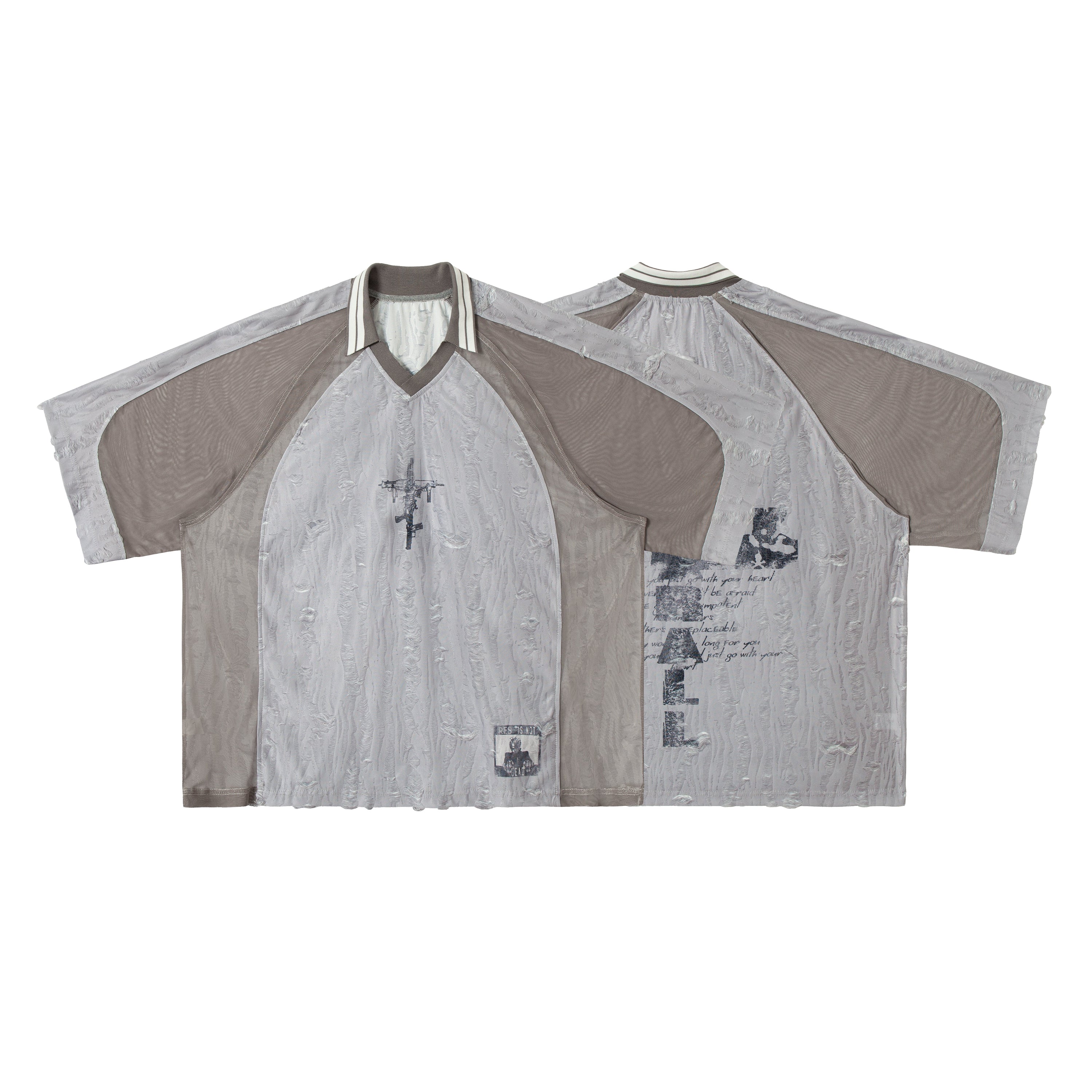 Front and back view of an oversized grey textured mesh patchwork tee with distressed surface and contrast ribbed V-neck colla