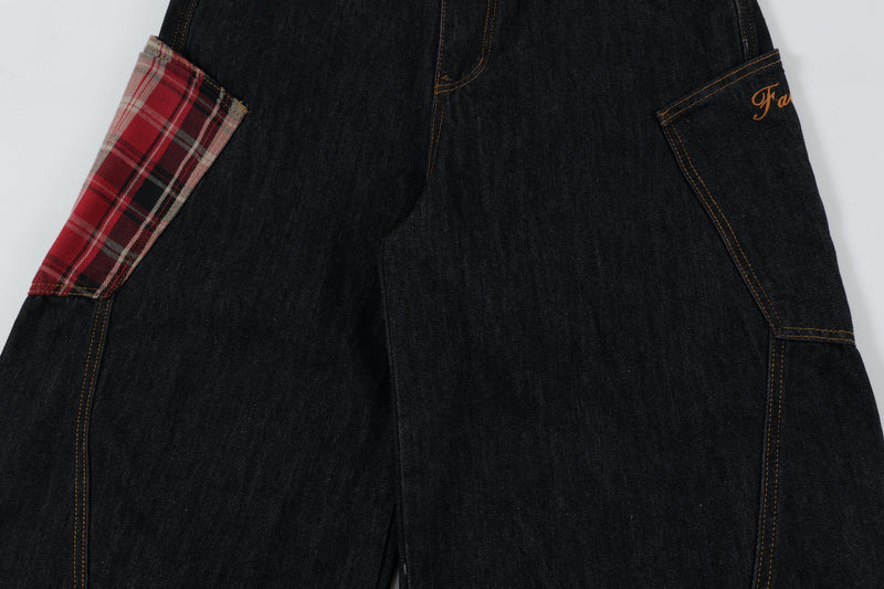 Red Plaid Patch Curved Wide-Leg Denim Jeans | Dark Indigo