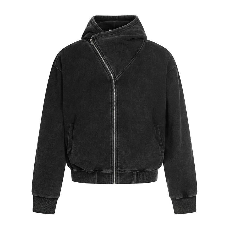 Black washed hoodie jacket with asymmetrical front zipper, front view