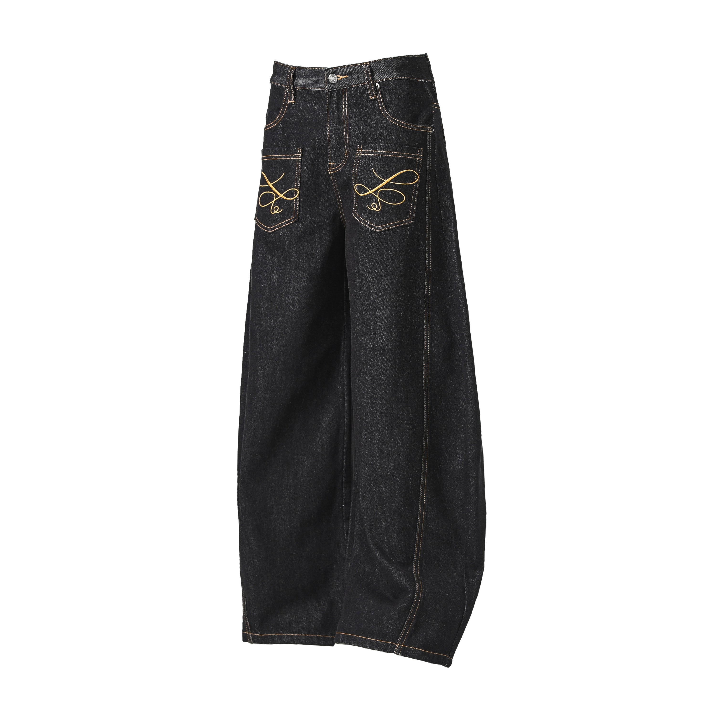 Omirad Embroidered Pocket Wide-Leg Jeans | Black Denim