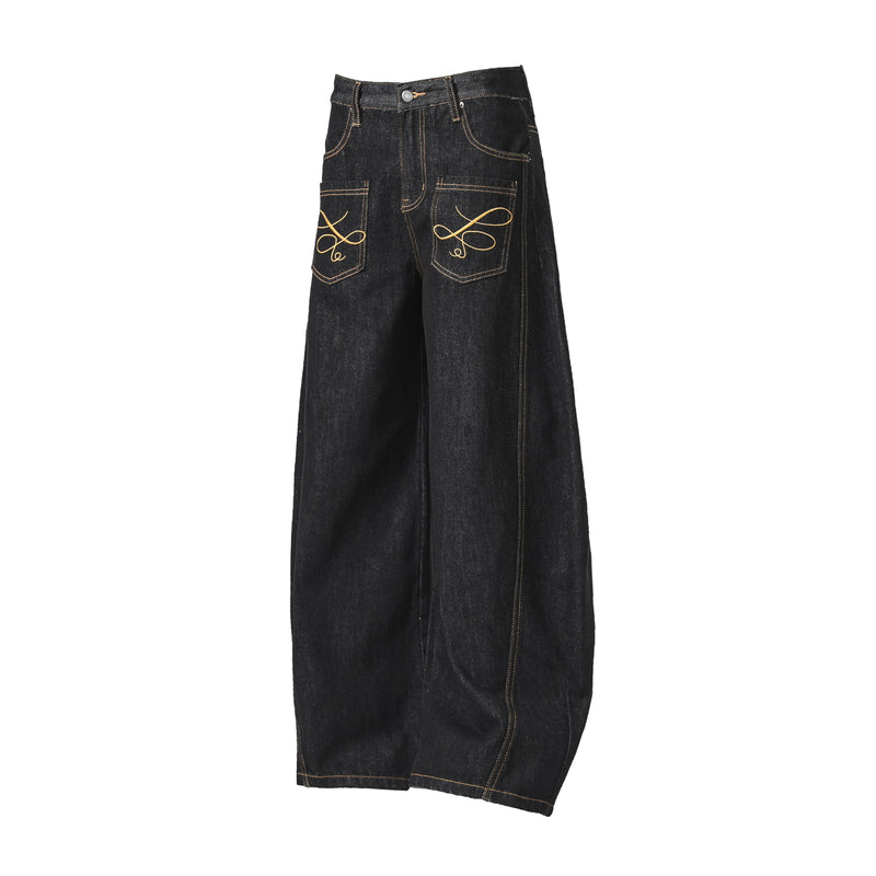 Omirad Embroidered Pocket Wide-Leg Jeans | Black Denim