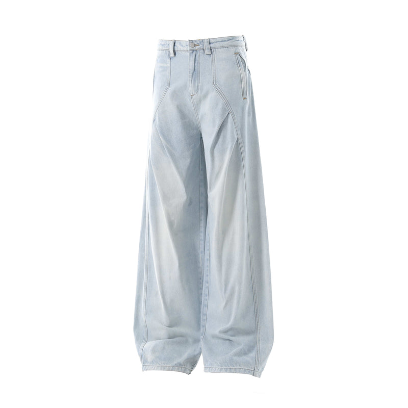 Front view of light wash balloon fit jeans with high waist and wide legs