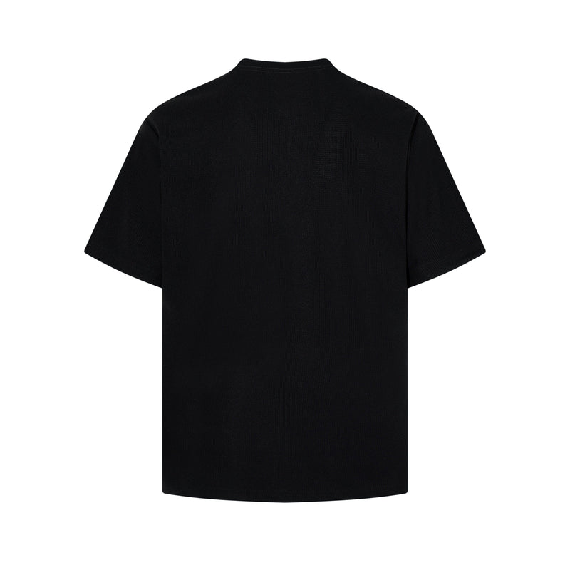 Black short-sleeve graphic tee shown from the back, featuring a minimalist plain cotton design and relaxed fit