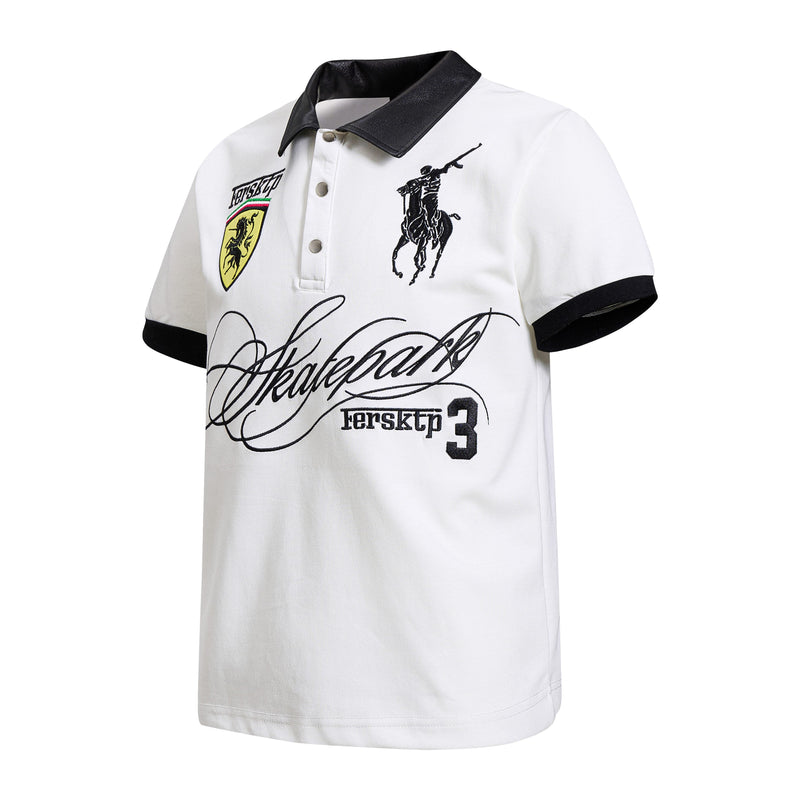 White graphic polo shirt with black collar and sleeve trim, featuring bold crest, horse rider, and script streetwear prints