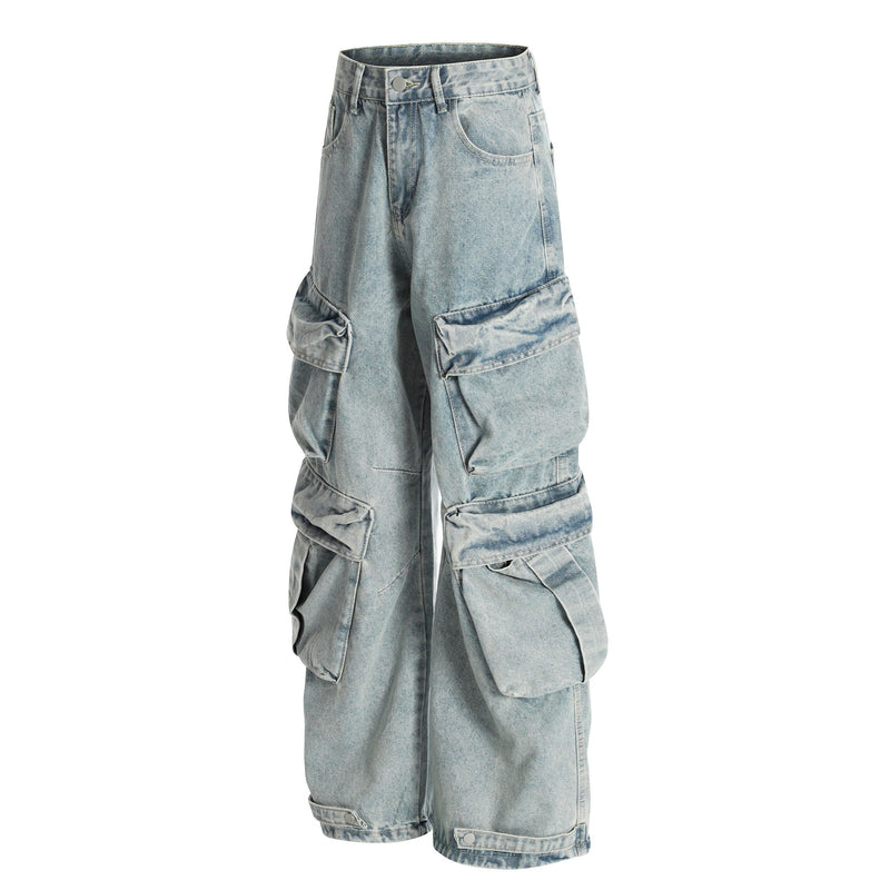 Light wash wide-leg cargo denim pants, front angled view with layered pockets