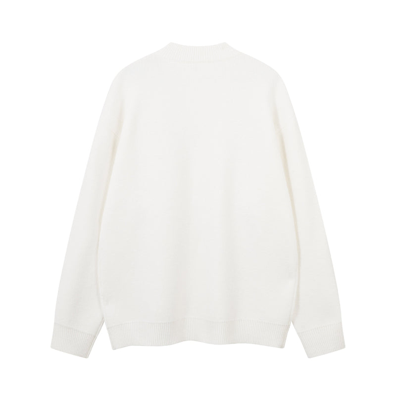 White knit sweater back view with plain ribbed crew neck and hem