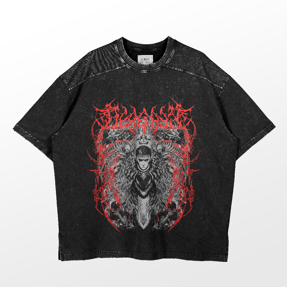 The Berserk-Inspired Graphic T-Shirt by Berserk features a washed black oversized design that encapsulates gothic anime aesthetics, with a red intricate central graphic of Guts and abstract patterns. The short-sleeved tee boasts a speckled texture on a plain white background.