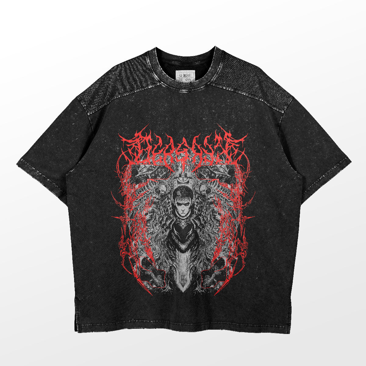 Berserk-Inspired Graphic T-Shirt – Guts Gothic Hero Design, Washed Black Oversized Tee