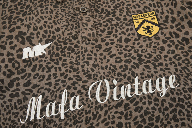 Brown leopard print polo tee with embroidered Mafa Vintage lettering and crest patch, styled for Y2K streetwear
