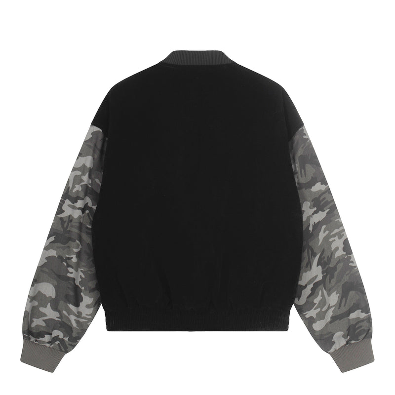 Camo Sleeve Varsity Bomber Jacket with Stud Detail