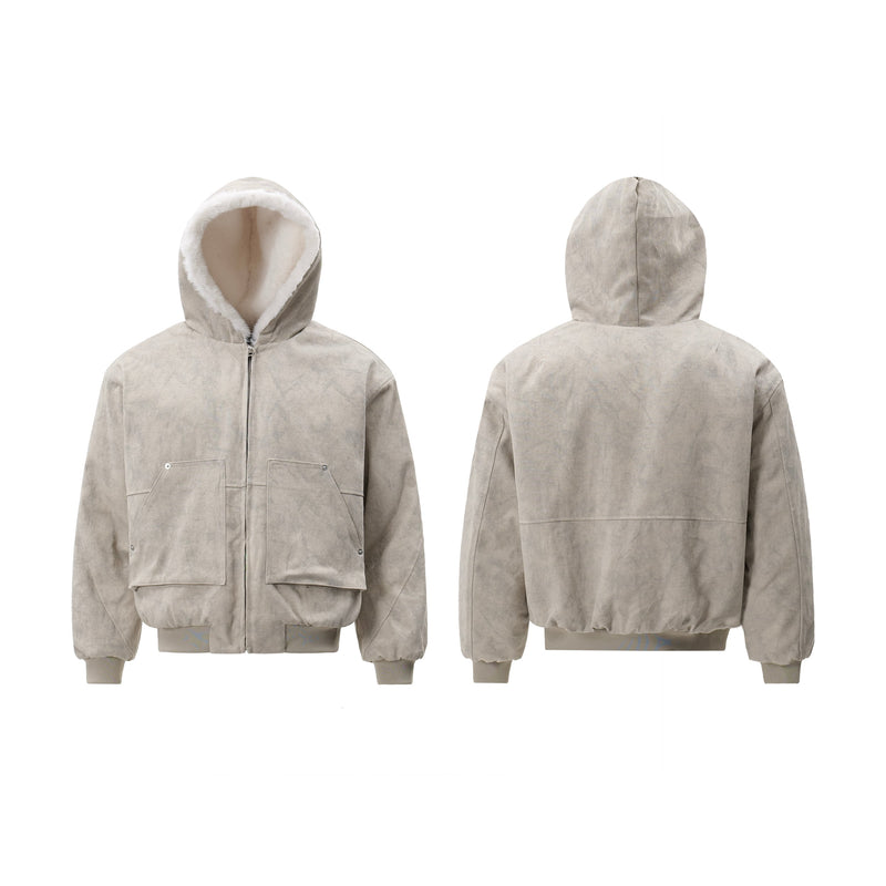 Faux-Shearling Lined Washed Hooded Bomber Jacket